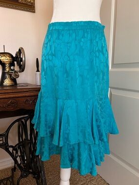 Vintage Turquoise Blue Silk Tiered Ruffle Skirt